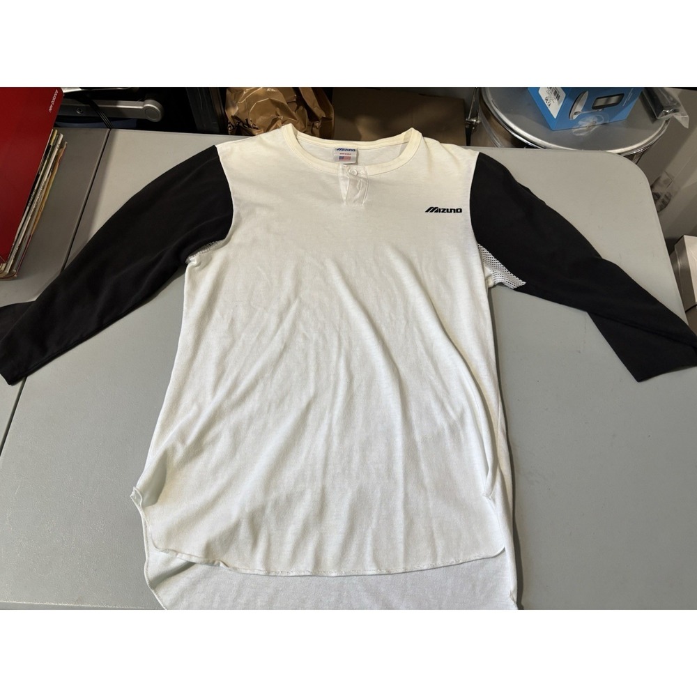 Mizuno Baseball Shirt White Striped with Black Sleeves Size M